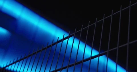 Blue Neon Light Behind Metal Fence, Cyber Security Concept Stock Footage 324839622