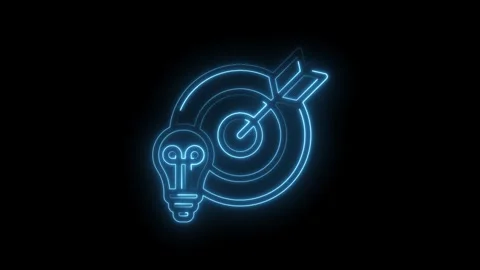 Blue neon light bulb and target with arrow glowing on black background concept Stock Footage 333951562