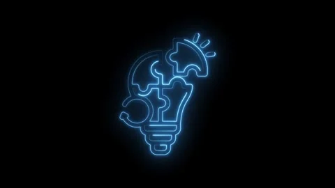 Blue neon light bulb puzzle pieces forming a bright idea with circular arrow Stock Footage 333963990