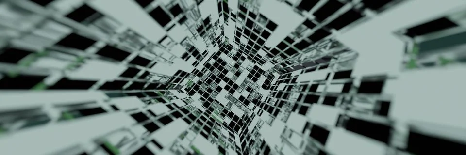 Blue Neon light cube Blockchain Network futuristic flying into digital techno Stock-Illustration