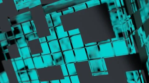 Blue Neon light cube Blockchain Network futuristic flying into digital techno Illustrazione stock