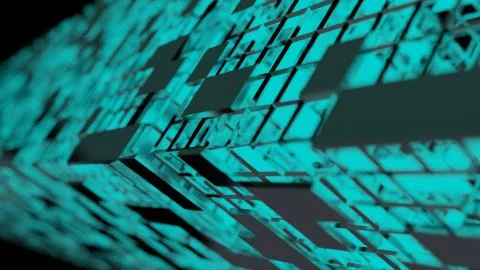 Blue Neon light cube Blockchain Network futuristic flying into digital techno Stock Illustration