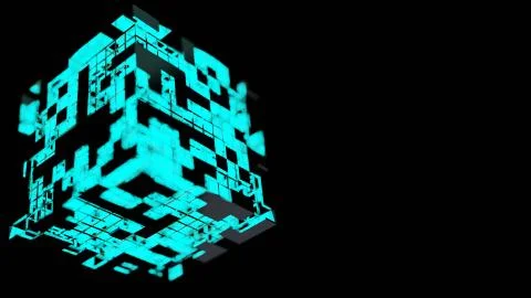 Blue Neon light cube Blockchain Network futuristic flying into digital techno Stock-Illustration