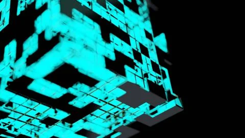 Blue Neon light cube Blockchain Network futuristic flying into digital techno Illustrazione stock