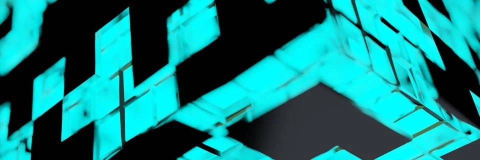Blue Neon light cube Blockchain Network futuristic flying into digital techno Stock-Illustration