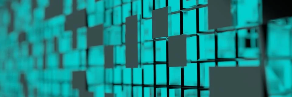 Blue Neon light cube Blockchain Network futuristic flying into digital techno Stock-Illustration