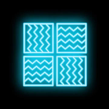 Blue neon light glowing on black wall with four square pattern background Illustrazione stock