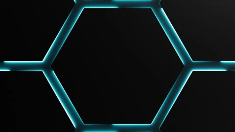 Blue neon light is moving around black hexagon frames on dark background Stock Footage 329383273
