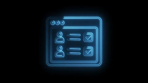 Blue neon line art of user account list with checkmarks on dark backdrop Stock Footage 345986779