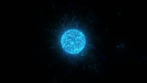 Blue neon lines flying on a black background form a sparkling ball of triangular Stock Footage 166015535