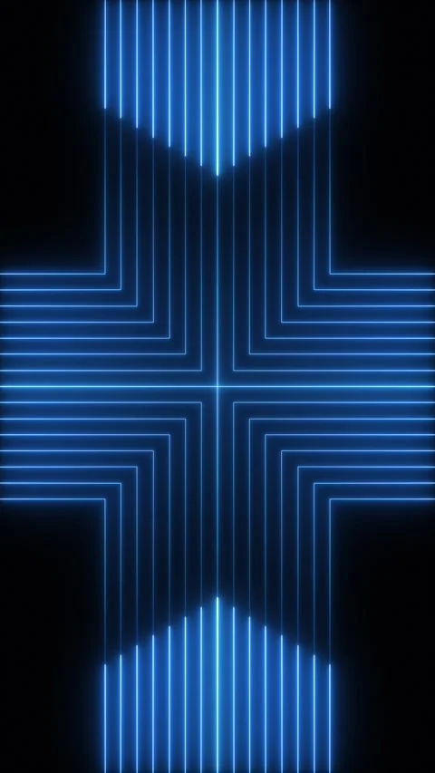 Blue neon lines forming a geometric cross pattern in dark vertical background Stock Footage 344973690