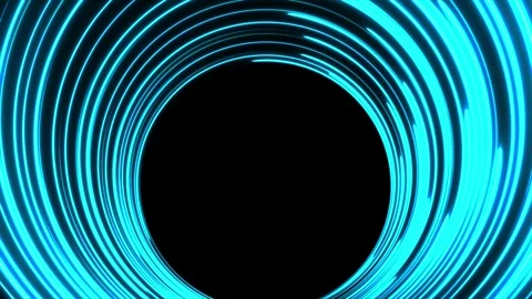 Blue neon lines move in a circle on a dark background with free space in the Stock Footage 270381008
