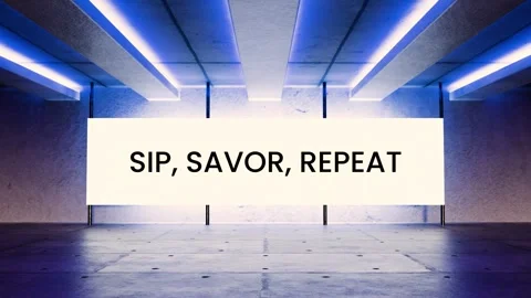 Blue neon-lit screen flickers with the phrase “Sip, Savor, Repeat” Stock Footage 312544203