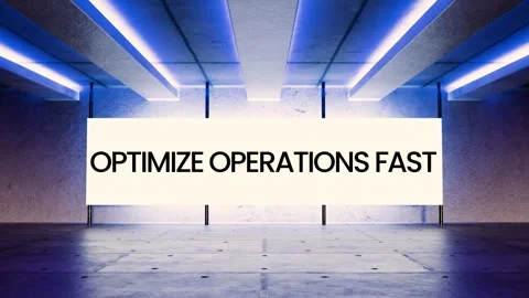 Blue neon-lit tech room with flickering screen text Optimize Operations Fast Stock Footage 312544166