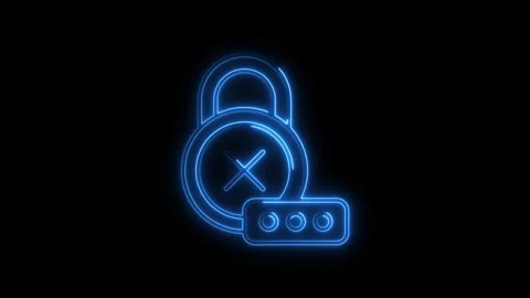 Blue Neon Lock Icon with Cross Symbol and Password Input Field Glowing on B.. Stock Footage 314701936