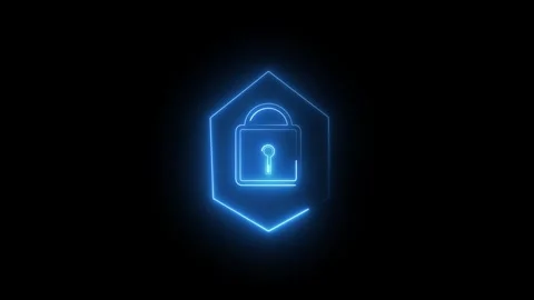 Blue Neon Lock Icon Inside Hexagon Outline on Black Background security pad.. Stock Footage 321585861