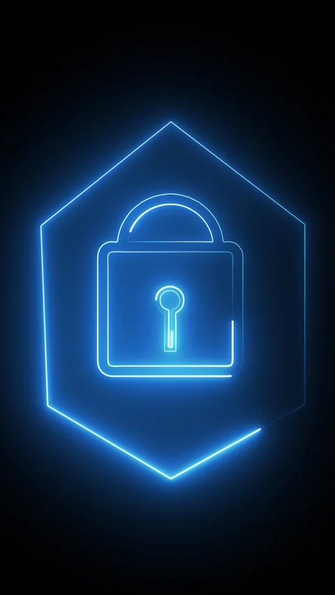 Blue Neon Lock Icon Inside a Hexagon on a Dark Background security padlock Stock Footage 337459907