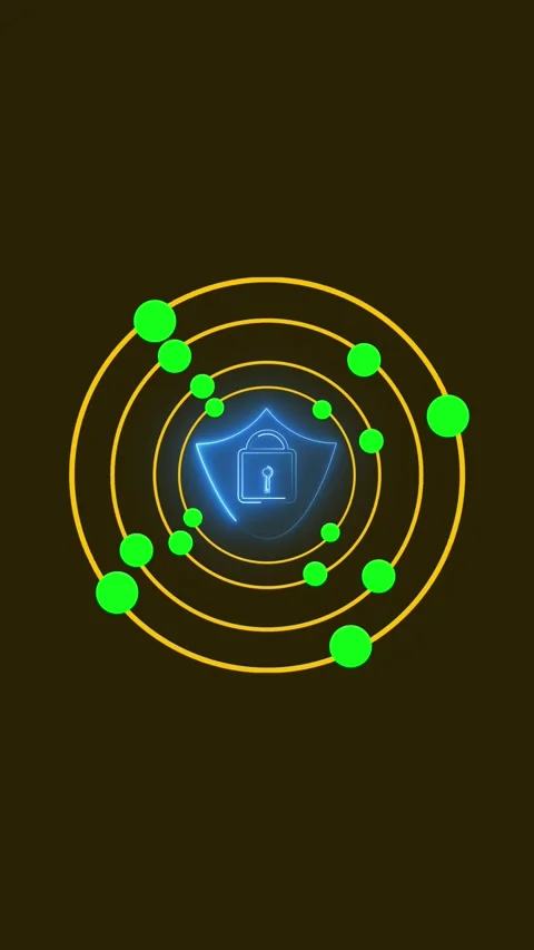 Blue Neon Lock Icon within Concentric Circles and Green Dots on a Dark Back.. Stock Footage 337459932