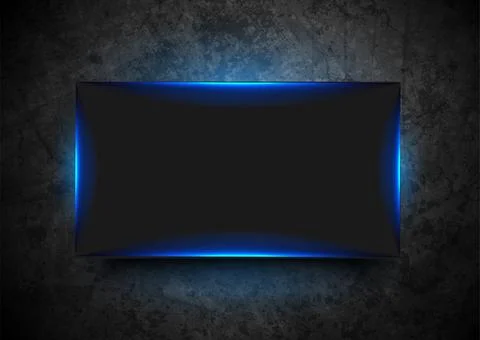 Blue neon luminous frame on dark brick wall abstract background Stock Illustration