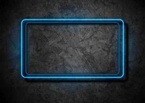 Blue neon luminous frame on dark grunge wall abstract background Stock Illustration