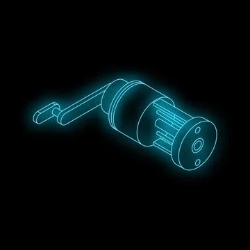 Blue neon mechanical pencil sharpener rotating on black background Stock Illustration