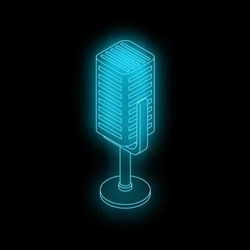 Blue neon microphone glowing on black background Stock Illustration