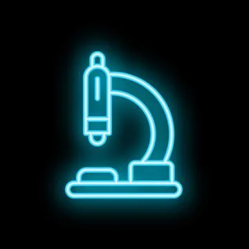 Blue neon microscope icon glowing on black background Illustrazione stock
