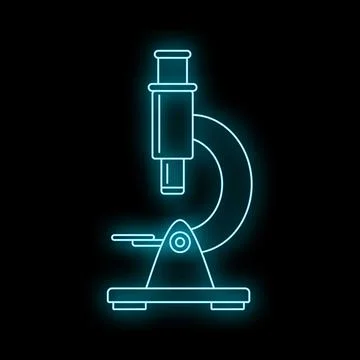 Blue neon microscope icon glowing in darkness Illustrazione stock