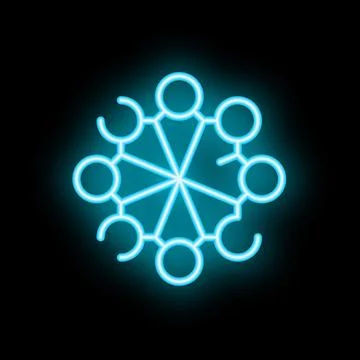 Blue neon network hub icon glowing on dark background Stock Illustration
