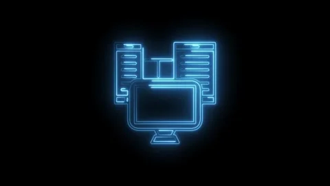 Blue neon network server computer icon animation on black background for Video stock 322957669