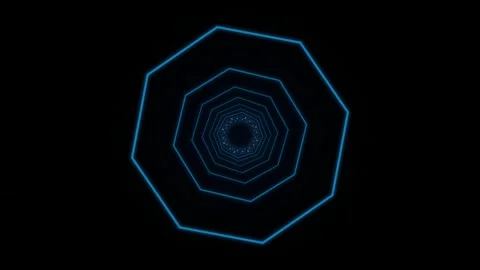 Blue Neon Octagonal Tunnel Flying Forward Abstract Motion Background Stock Footage 346722498