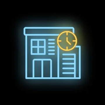 Blue neon office building facade with clock showing working hours Ilustración de archivo