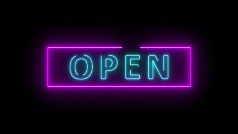 Blue Neon "Open" sign with flicker on black background Stock-Footage 330289380