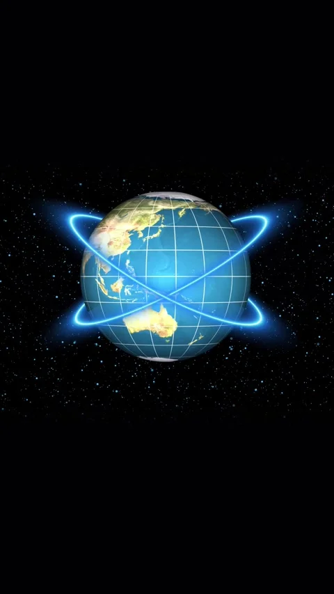 Blue neon orbiting lines encircling glowing earth globe vertical animation .. Stock Footage 344730651