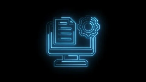 Blue neon outline computer screen with document and gear icon representing Stock Footage 333951404