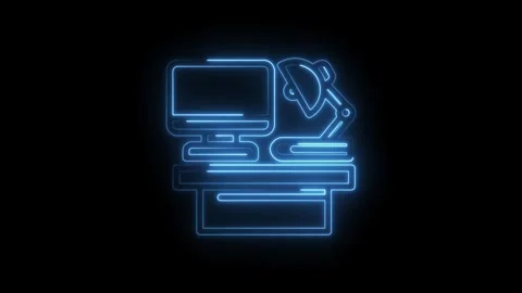 Blue neon outline of a desk with computer monitor lamp and books on black Stock Footage 333968077