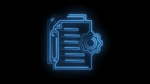 Blue neon outline of document icon with pencil and gear symbol on black Stock Footage 333966427