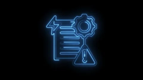 Blue neon outline of document with lightning bolt gear and exclamation mark Stock Footage 333961316