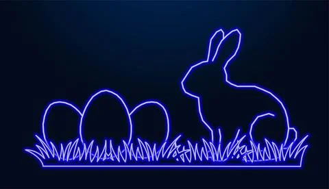 Blue neon outline of easter bunny and eggs on grass background. Illustrazione stock