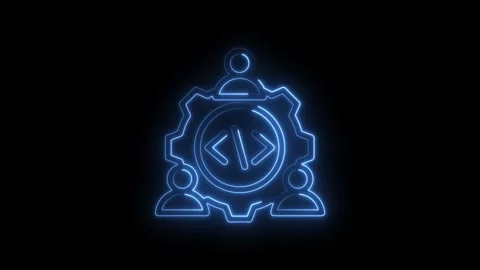 Blue neon outline of a gear with coding symbols and people icons representi.. Stock Footage 346826563