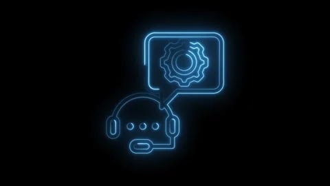 Blue neon outline of headset and gear icon in speech bubble on black background Stock Footage 333952546