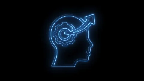 Blue neon outline of human head profile with internal gear and upward arrow Stock Footage 333951585