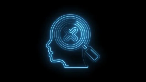 Blue neon outline human head profile with magnifying glass and cross symbol Stock Footage 333954978