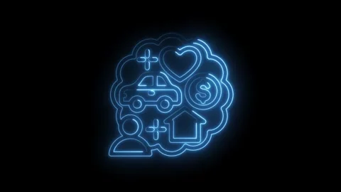 Blue neon outline of human thought bubble with car house heart dollar sign and Stock Footage 333965797