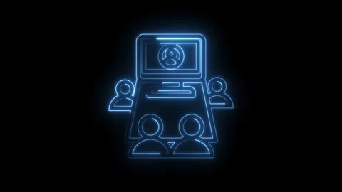 Blue neon outline of a steering wheel on a screen with people icons surrounding Stock Footage 333956344