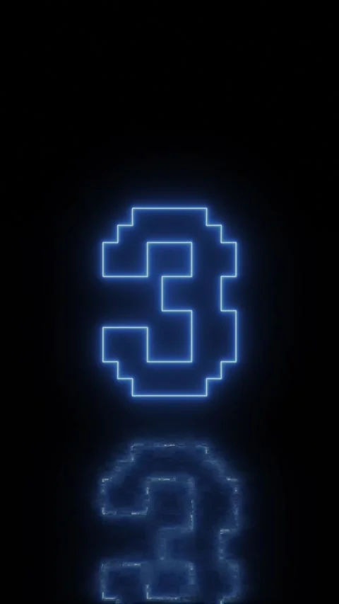 Blue neon pixel countdown from five to zero, reflection on dark vertical screen Stock Footage 344974632