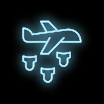 Blue neon plane taking off dropping bags on black background Stock Illustration