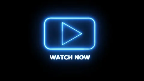 Blue neon play button animation on black background with white watch now te.. Vidéo 334910012