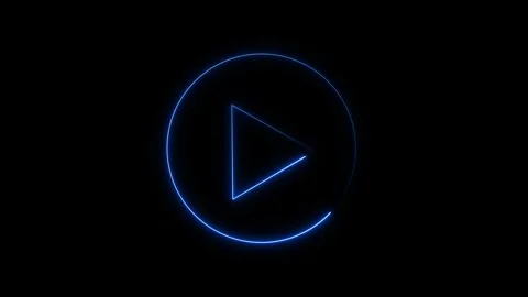 Blue neon play button triangle icon inside circle frame box. Digital media .. Stock Footage 337023311