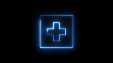 Blue neon plus sign inside a square outline animation on a black background.. Stock Footage 317643756